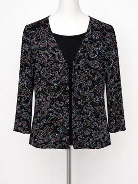 Coldwater Creek Black Embroidered Jacket Small 3/4 Bell Sleeve EUC